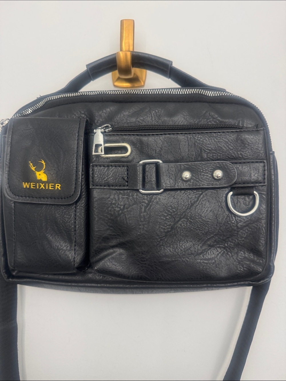WEIXIER Black Men's Messenger Bag with Front Pouch and Strap